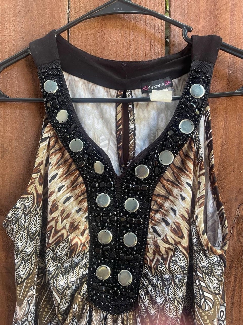 Y2k Cocomo Boho-Chic Beaded V-Neckline Whimsigoth Abstract Brown Tank Sz M